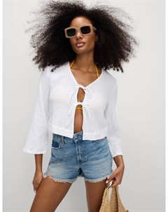 Пляжный топ из чистого хлопка с V-образным вырезом и завязкой спереди, мягкий белый Marks & spencer