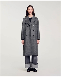 Длинное женское пальто из клетчатой ткани, серый Sandro