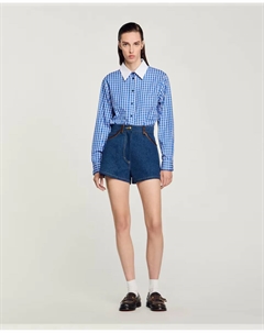 Женские короткие джинсовые брюки с кожаными деталями, синий Sandro