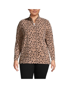 Флисовый пуловер с молнией 1/4 больших размеров, цвет Brown Animal Spots Lands' end