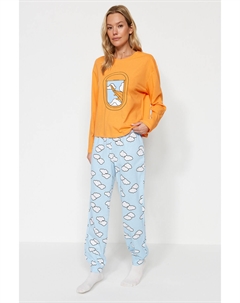 Пижамный комплект - Оранжевый - Галактика Trendyol