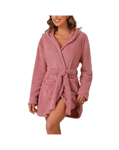 Женский нечеткий халат с поясом и капюшоном, флисовый плюшевый банный халат, зимние спа-халаты с карманами, мини-халат, розовый Cheibear