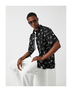 Рубашка с коротким рукавом и принтом черепа, классический воротник, хлопок, черный Koton