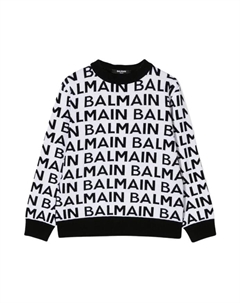 Свитер с круглым вырезом и логотипом по всей поверхности, белый Balmain