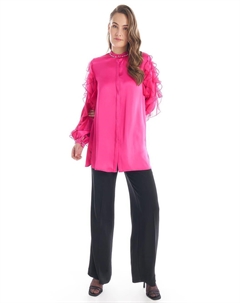 Туника с оборками и вышивкой камнями цвета фуксии Kayra