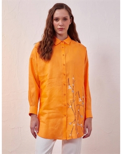 Льняная туника с открытыми плечами с вышивкой персикового цвета Kayra