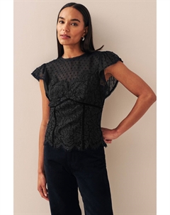 Кружевная блузка с короткими рукавами из ткани добби, черный Next