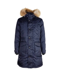 Длинный пуховик с меховым капюшоном, синий Add