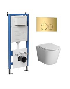 Комплект Унитаз подвесной с инсталляцией Galaxy 97.4478S.01.300 безободковый, белый + Кнопка смыва золото глянцевое Grossman