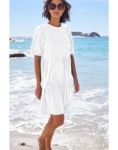 Каскадное хлопковое мини-платье с короткими рукавами-фонариками, белый Next