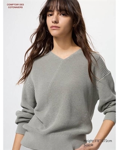 Джемпер с V-образным вырезом из хлопка с газовым наполнителем, серый Uniqlo