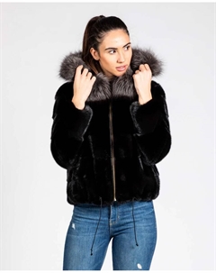 Женская норковая шуба с капюшоном из лисы, черный De la roca