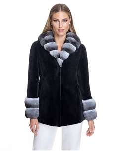 Женская шуба из стриженой норки с воротником из шиншиллы, черный Maximilian