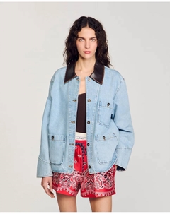 Женская джинсовая куртка с кожаным воротником, голубой Sandro