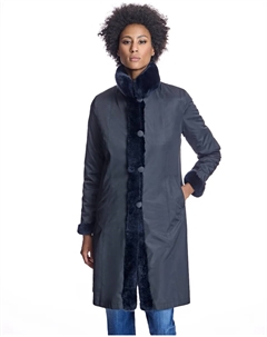 Двусторонняя женская шуба в смокинге с отделкой из рекса и манжетами, тёмно-синий Maximilian