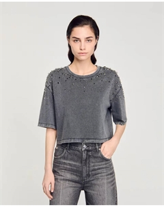 Короткая женская футболка со стразами, серый Sandro