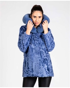 Женская шуба из ягненка с капюшоном, синий De la roca