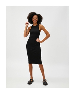 Платье-карандаш миди с бретелькой на шее Хлопок в рубчик без рукавов, черный Koton