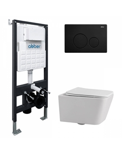 Комплект подвесной унитаз ABBER Rechteck AC1201 белый с инсталляцией AC0105 и кнопкой AC0121MB черный матовый Abber