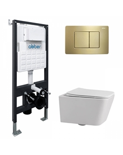 Комплект подвесной унитаз ABBER Rechteck AC1201 белый с инсталляцией AC0105 и кнопкой AC0120MMG золото матовое Abber