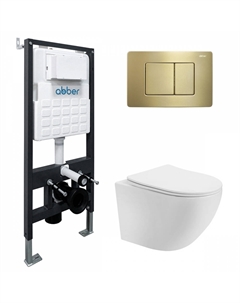 Комплект подвесной унитаз ABBER Bequem AC1100T белый с инсталляцией AC0105 и кнопкой AC0120MMG золото матовое Abber
