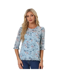 Женская повседневная шифоновая блузка с рюшами и рукавами 3/4 с цветочным принтом, цвет Blue White Allegra k