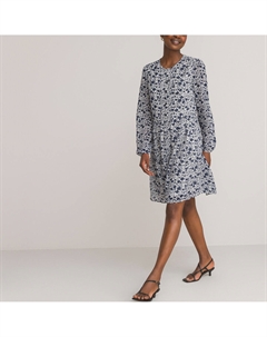 Платье расклешенное с круглым вырезом и длинными рукавами с принтом разноцветный Laredoute