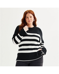 Свитер больших размеров с круглым вырезом и боковыми разрезами, цвет Black White Stripe Sonoma goods for life