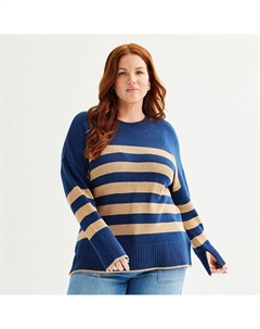 Свитер больших размеров с круглым вырезом и боковыми разрезами, цвет Navy Beige Stripe Sonoma goods for life