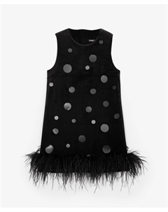 Платье из велюра с пайетками и перьями по низу чёрное для девочки Gulliver
