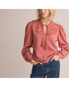 Свитшот из двух материалов отложной воротник с вышивкой розовый Laredoute