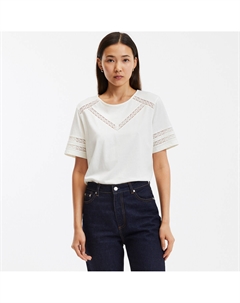 Футболка с круглым вырезом и деталями из гипюра белый Laredoute