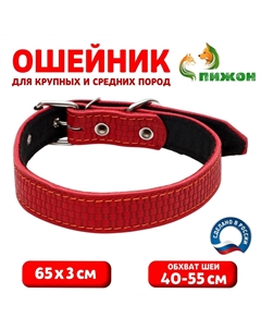 Ошейник кожаный с тиснением на синтепоне, 65×3 см, ош 40-55 см, красный Пижон