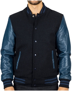 Куртка-бомбер в стиле «Varsity» из шерсти с рукавами из натуральной кожи и бейсбольным пальто для колледжа, черный Truclothing