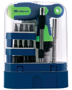 Отвертка Т-образная реверсивная с набором бит, торцевых головок 13382, 33 предмета, CrV Сибртех