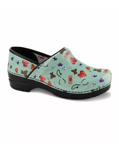 Женские профессиональные сабо Smart Step в принтованном лакированном цвете сине-зеленого цвета Sanita