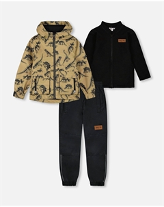 Комплект верхней одежды 3 в 1 для демисезона, черный динозавр на бежевом фоне Deux par deux