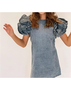 Платье джинсовое с оборками на рукавах для девочек синего цвета Lola + the boys