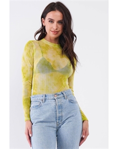 Неоновый зеленый сексуальный прозрачный сетчатый боди с длинными рукавами и воротником-стойкой Fashnzfab