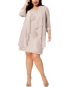 Плюс Женское кружевное платье с цветочным принтом и жакетом, цвет champagne R&m richards