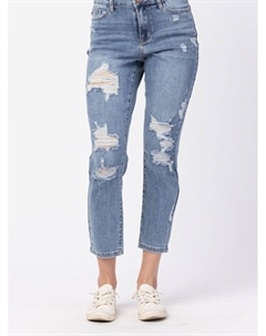 Джинсы бойфренда с высокой талией и рваными краями, средне-голубого цвета Judy blue