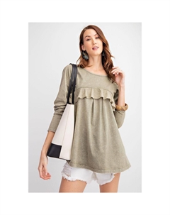 Длинный рукав, отделка оборками, трикотажная туника с эффектом промасленной стирки, цвет faded olive Fashnzfab