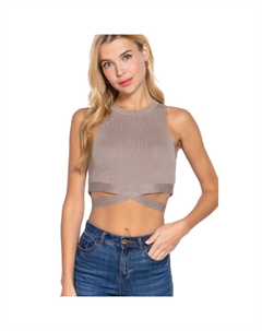 Укороченный свитер без рукавов с круглым вырезом и завязкой на талии, цвет oyster khaki Fashnzfab