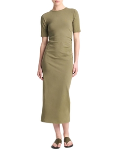 Платье из смеси хлопка пима с боковой драпировкой цвета оливкового дыма Vince
