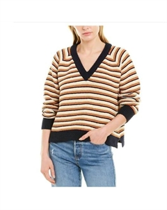 Пуловер Arden с V-образным вырезом, хлопковый полосатый свитер темно-синего, белого и желтого цветов Madewell