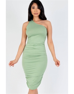 Женское сексуальное однотонное облегающее платье миди с оборками на одно плечо, цвет basil Fashnzfab
