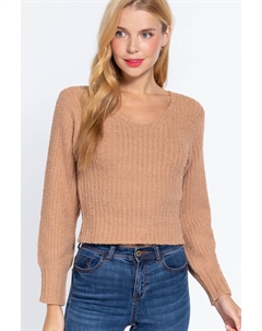 Длинный пухлый свитер с V-образным вырезом и резинкой, хаки Fashnzfab