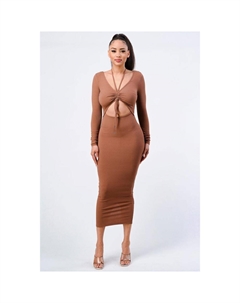 Модное платье с вырезом спереди и длинными рукавами, цвет mocha Fashnzfab