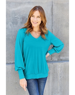 Блузка полного размера с V-образным вырезом и рукавами-фонариками, голубой Fashnzfab