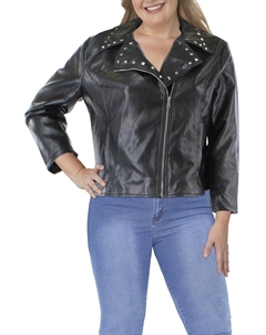 Плюс Женская искусственная кожаная мотоциклетная куртка с заклепками, черный White mark